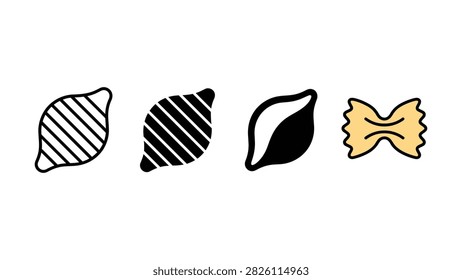 Set of four different flat pasta icons featuring conchiglie and farfalle shapes isolated on white background
