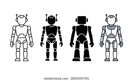 Set of four different flat vector robot character icons on white background