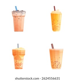 Set of four different flavored bubble tea illustrations, perfect for menus and beverage designs