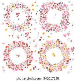 Set with four different floral garlands with roses and other flowers. For season design, announcements, postcards, posters.