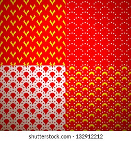 Set of four different geometrical patterns (seamlessly tiling). Vector illustration for your fashion design. Red, yellow and white color.