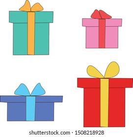 Set of four different gift boxes. Present boxes with ribbon illustration icon on white background. Flat design. Vector Eps.8