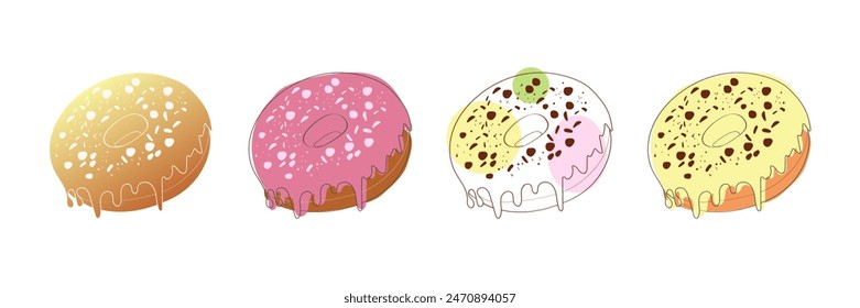 A set of four different glazed donuts, each with unique toppings and colors. The donuts are arranged in a row on a white background.