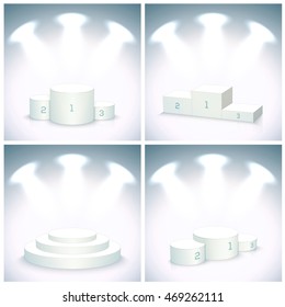 Set of four different glossy Winner's Podium design in spotlight, Showing First, Second and Third Position for Sports Competition.