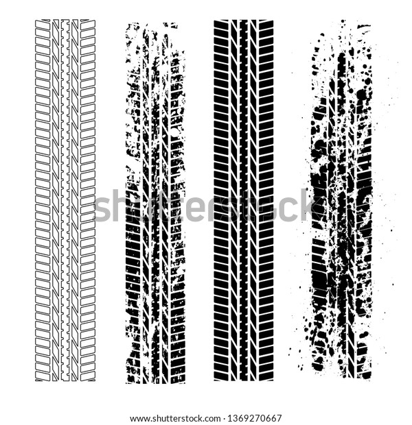 Set of four different grunge tire tracks\
isolated on white\
background