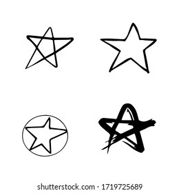 Conjunto de cuatro estrellas dibujadas a mano, doodles brutos hechos a mano, negros aislados en el vector EPS de fondo blanco
