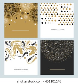 Set of four different hand drawn textures and brushes. Artistic collection of abstract elements as dots, triangles, brush strokes, paint dabs, spirals. Creative backgrounds.