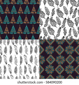 Set of four different hand drawn seamless patterns with boho style elements as ethnic feathers, teepee and floral design.