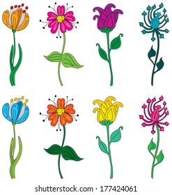 Set of four different illustrated flowers