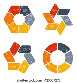 Set of four different infographic diagrams with 6 options. Isolated paper sequence banners for tutorial. EPS10 progress steps templates.