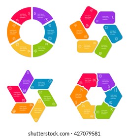 Set of four different infographic diagrams with 6 options. Isolated paper sequence banners for tutorial. EPS10 progress steps templates.