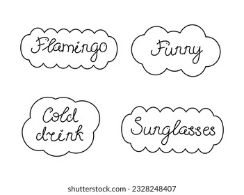 A set of four different inscriptions in frames. Doodle black and white vector illustration.