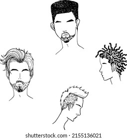 Conjunto de cuatro cabezas masculinas aisladas diferentes. Estilos de pelo para hombres. Vector. Monocromo. Arte de línea.