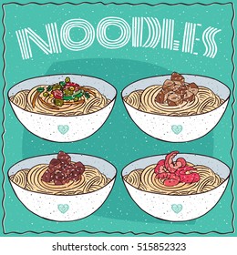 Set of four different Japanese or Chinese dishes of wheat noodles, known as Ramen or Udon. With chicken, beef, shrimp, vegetables. Hand drawn. Vector illustration