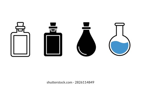 Set of four different laboratory glass bottle icons with liquid and stopper designs