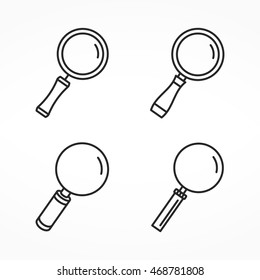 Set of four different line icons of magnifying glass, minimal line icons, zoom icons, vector eps10 illustration