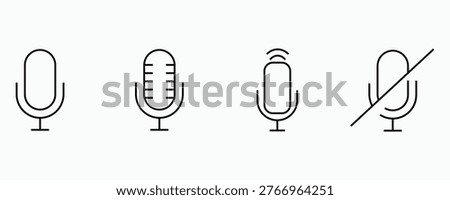 A set of four different microphone icons in a line, including a simple mic, a vintage mic, a wireless mic, and a mic with a diagonal line through it