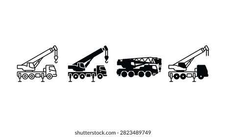Set of four different mobile crane truck icons in simple black outline and solid style