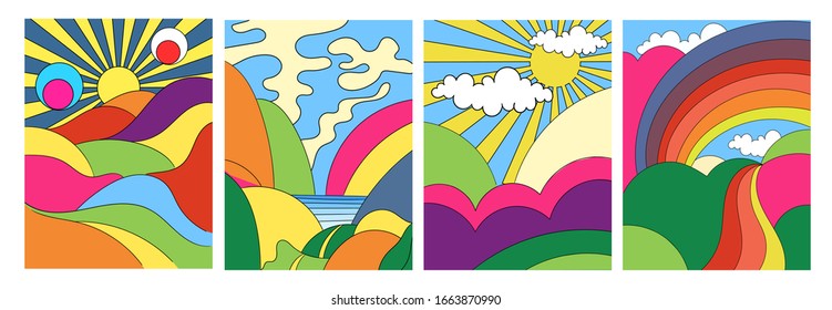 Set of four different modern colorful psychedelic landscapes with stylised mountains, rainbow over countryside, sea and hills, colored vector illustration for posters or covers