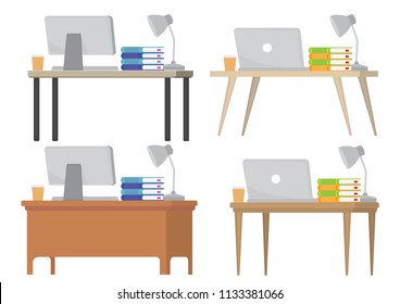 A set of four different modern office desk table with either a computer or laptop, books, lamp and  a cup of coffee. Isolated vector illustration.