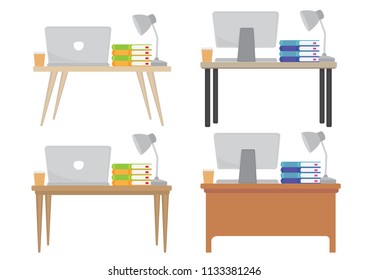 A set of four different modern office desk table with either a computer or laptop, books, lamp and  a cup of coffee. Isolated vector illustration.