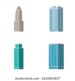 Set of four different modern skyscraper illustrations with a flat design, isolated on a white background