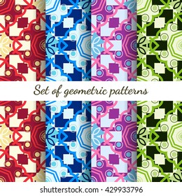 Set of four different monochrome geometrical seamless patterns.Ornaments can be used for printing onto fabric and paper wallpaper and pattern fills or web page background and surface textures.
