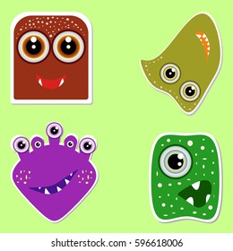 set of four different monsters stickers on a light background. Emotional funny fictional characters. vector illustration