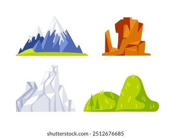 Set of four different mountain illustrations showing snowy peaks, rocky formations and green hills