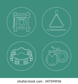 Set with four different music instruments in modern line art style. Vector illustration with castanets, musical triangle, tambourine and gong.
