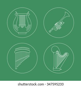 Set with four different music instruments in modern line art style. Vector illustration with harp, trumpet and panpipes.