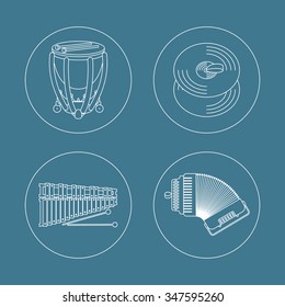 Set with four different music instruments in modern line art style. Vector illustration with timpani, accordion, cymbals and xylophone.
