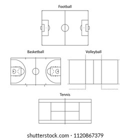 Set of four different outline sport fields isolated on white background