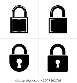 Conjunto de quatro ícones de cadeado diferentes na silhueta preta. Estes ícones de segurança estão em um pano de fundo transparente, perfeito para designs versáteis.