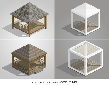 Set of four different pavilions for the park, cafe or beach area, shopping places