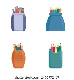 Set of four different pencil holders filled with multicolored pencils