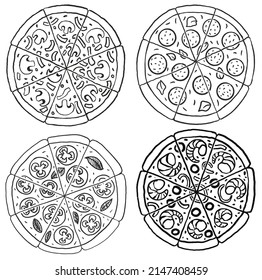 Set of four different pizzas hand drawn simple Doodle style Vector illustration