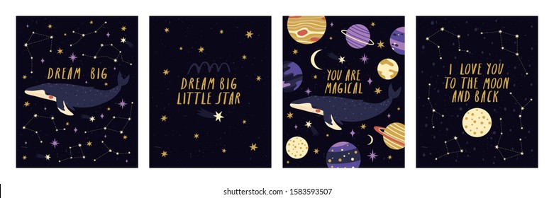 Set of four different pre made cards with cosmic whale, planets and constellations. Vector greeting cards set with space whale and planets. Nursery posters or cards template