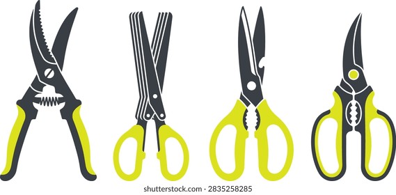 A set of four different professional kitchen and utility scissors with yellow handles isolated on a white background.