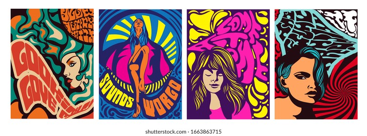 Set of four different psychedelic stylised women designs for posters or covers, brightly colored vector illustration