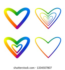 Set of four different rainbow hearts. LGBT, equal rights, justice, tolerance, pride, freedom, love symbol.  Vector illustration