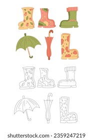 Set of four different rubber boots and two umbrellas. Black and white and color clipart vector illustration.