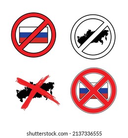Set of four different Russia sanctions isolation icons. War in Ukraine 2022. Symbols of national discriminations