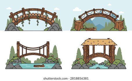 Set of four different rustic wooden bridges spanning across streams and rivers in forest and mountain settings.