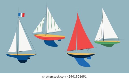 Set with four different sailing boats,  vintage style yacht models. Hand drawn vector illustrations, isolated on water blue background svg