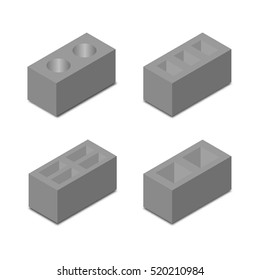 Set of four different shapes isometric cinder blocks, design elements construction materials, isolated on a white background, vector illustration.
