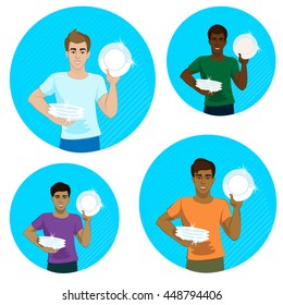 Set of four different  smiling  men characters holding clean plates (dishes). Vector illustrations isolated on a white background.