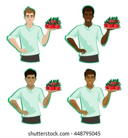 Set of four different  smiling  men characters holding apples. Vector illustrations isolated on a white background.


