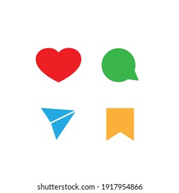 Conjunto de cuatro íconos de medios sociales diferentes. Símbolos de color de contorno del corazón, burbuja de voz, mensaje y marcador