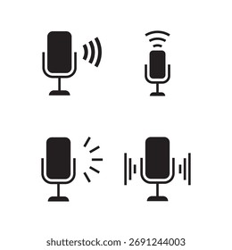 Conjunto de quatro ícones sólidos diferentes que ilustram vários estados de microfone, incluindo ondas sonoras ativas, níveis de entrada e mudo.